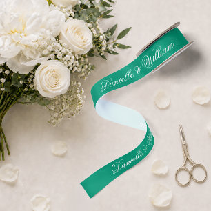 Ruban En Satin Mariage Vert Émeraude Élégant Script Calligraphie
