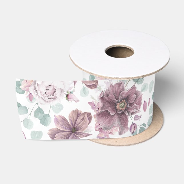 Ruban En Satin Mauve Floral et Verdure Motif Élégant (Bobine)