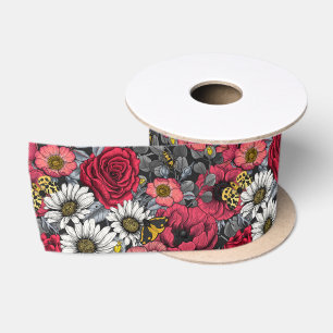 Ruban En Satin Mélange de fleurs en rouge et gris