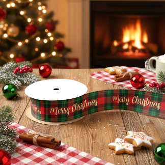Ruban En Satin Merry Christmas Red Green Plaid Tartan Gift