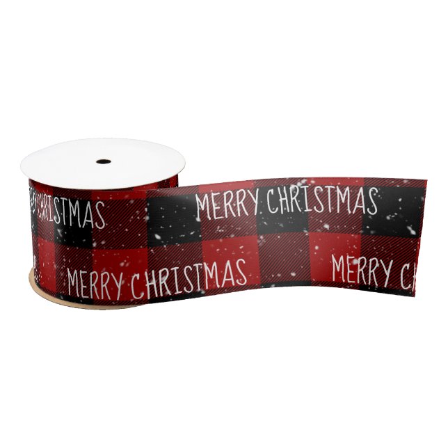 Ruban En Satin MERRY CHRISTMAS Texte Sur Buffalo Plaid (Bobine)