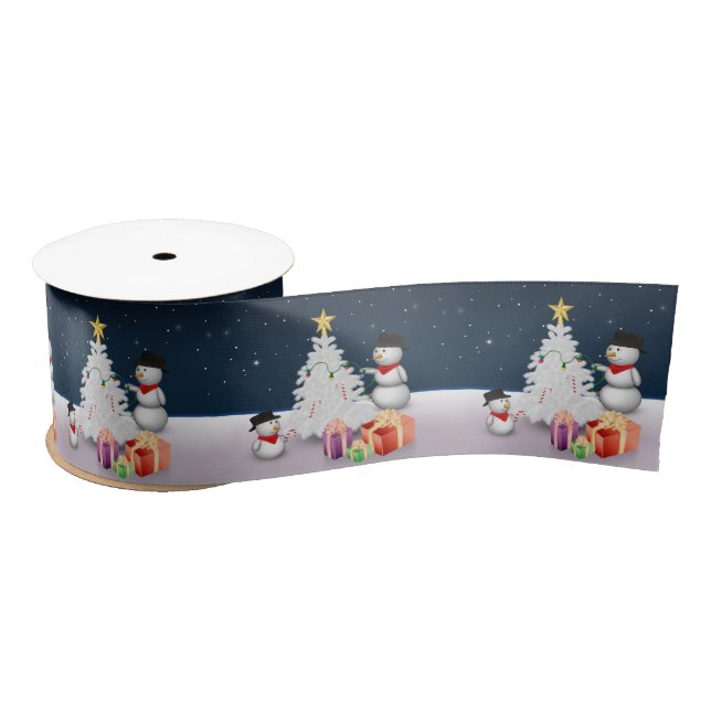 Ruban En Satin Mignons neigeurs avec sapin de Noël (Bobine)
