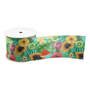 Ruban En Satin Mix-fruit tropical, fleurs et feuilles en bleu