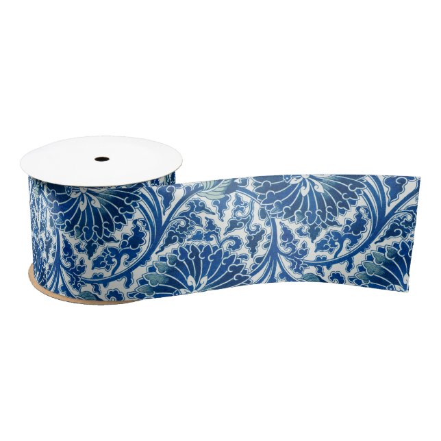 Ruban En Satin Modèle floral chinois bleu (Bobine)