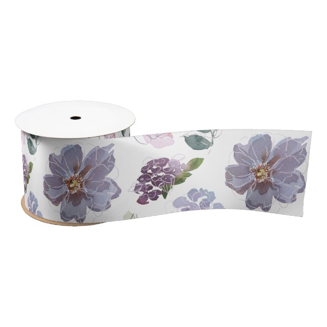 Ruban En Satin Modèle Floral pourpre (Bobine)