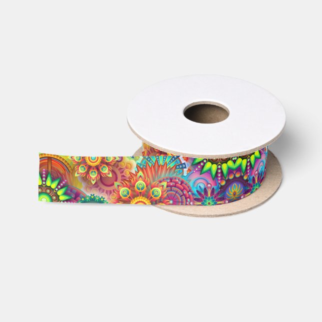Ruban En Satin Modèle floral psychédélique (Bobine)