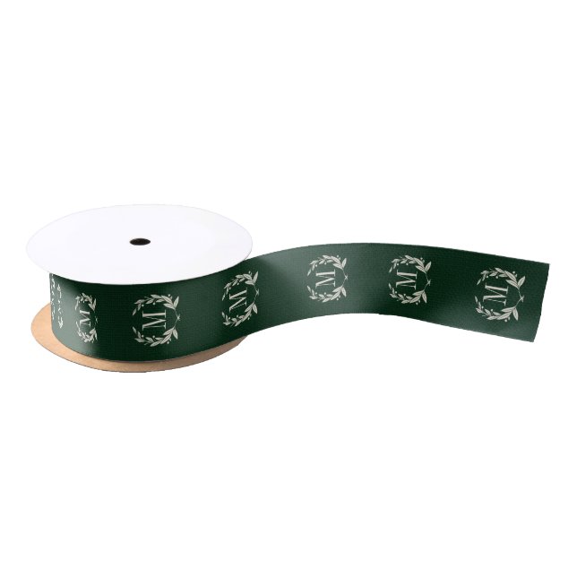 Ruban En Satin Monogramme de couronne de laurier vert rustique (Bobine)
