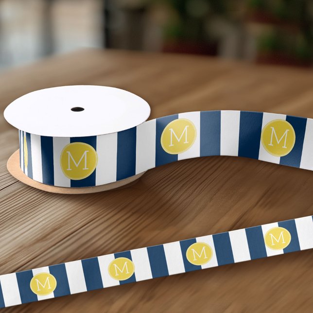 Ruban En Satin Monogramme jaune Motif rayé blanc et marine (Custom Ribbon - add your personalized text)