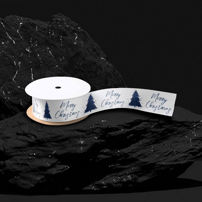 Ruban En Satin Moody Joyeux Noël | Classy Dark Navy Blue Tree (Créateur téléchargé)