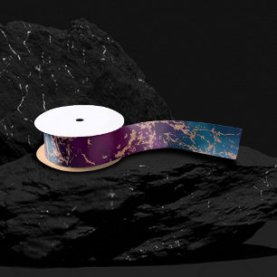 Ruban En Satin Moody Luxe Marble Profond violet et Turquoise or