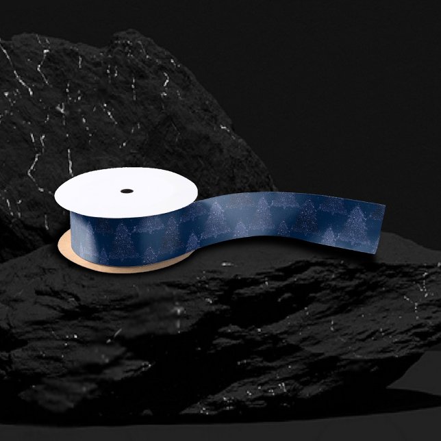 Ruban En Satin Moody Tree Motif | Noël bleu marine classique (Créateur téléchargé)