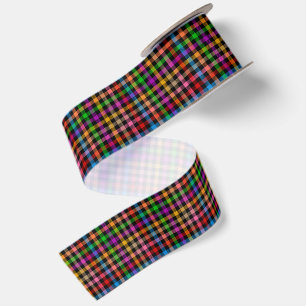 Ruban En Satin Motif à carreaux gingham arc-en-ciel coloré - Noir