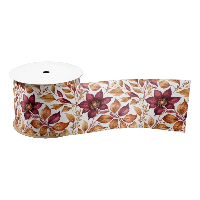 Ruban En Satin Motif à feuilles florales de Bourgogne et d'or (Bobine)