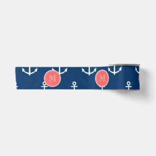 Ruban En Satin Motif blanc d'Ancres de bleu marine, monogramme de