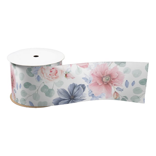 Ruban En Satin Motif botanique floral bleu poussiéreux et rose po (Bobine)