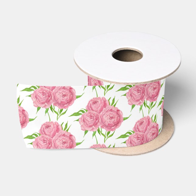 Ruban En Satin Motif d'aquarelle du bouquet de pivoine (Bobine)