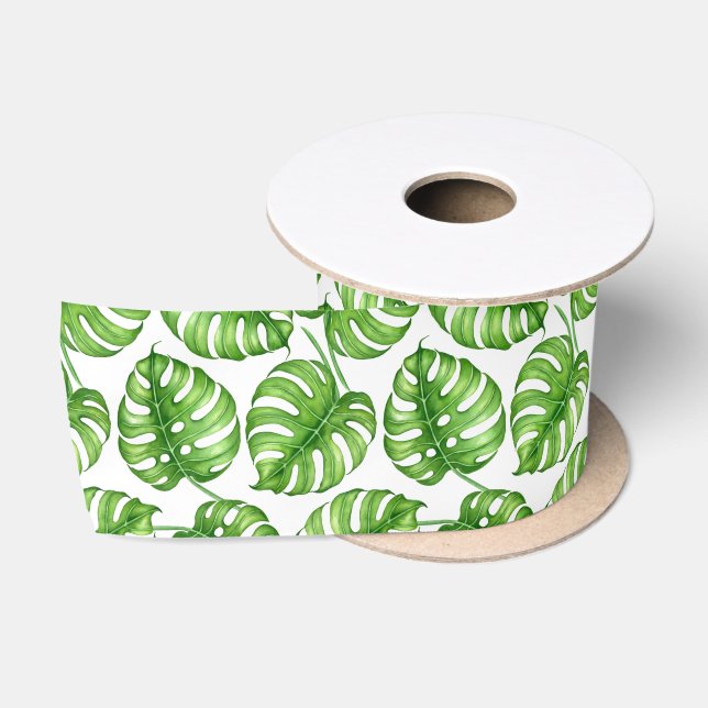 Ruban En Satin Motif d'aquarelle Monstera (Bobine)