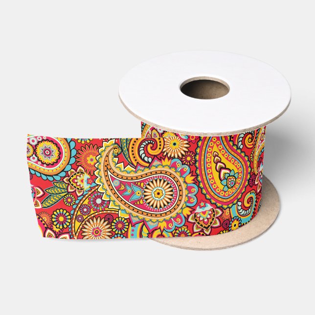 Ruban En Satin Motif de Bohème floral rouge lumineux de Paisley (Bobine)