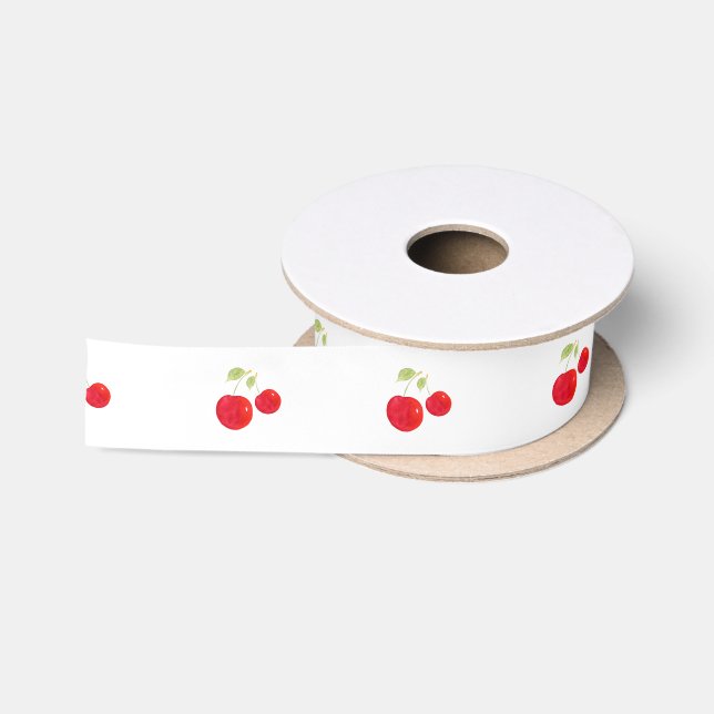 Ruban En Satin Motif de cerises d'aquarelle (Bobine)