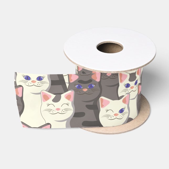 Ruban En Satin Motif de chats blancs et gris (Bobine)
