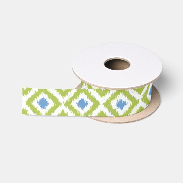 Ruban En Satin Motif de diamants d'Ikat vert et bleu (Bobine)