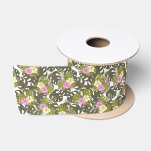Ruban En Satin Motif de feuilles de jungle tropicale et d'hibiscu