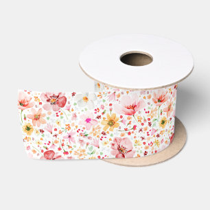 Ruban En Satin Motif de fleur sauvage rose poudré à l'aquarelle É