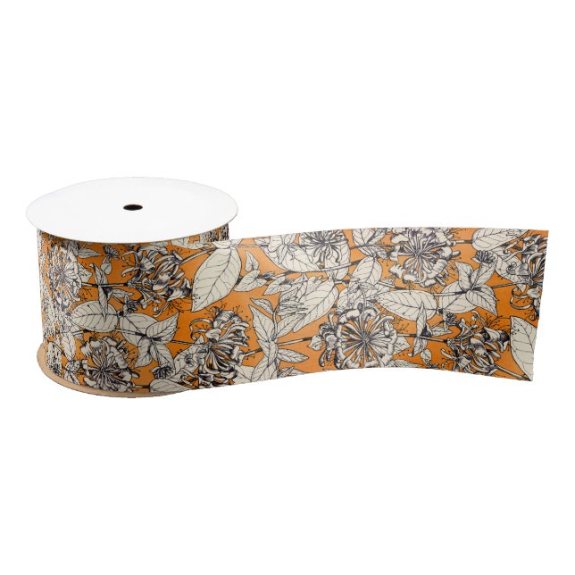 Ruban En Satin Motif de fleurs graphiques blanches orange (Bobine)