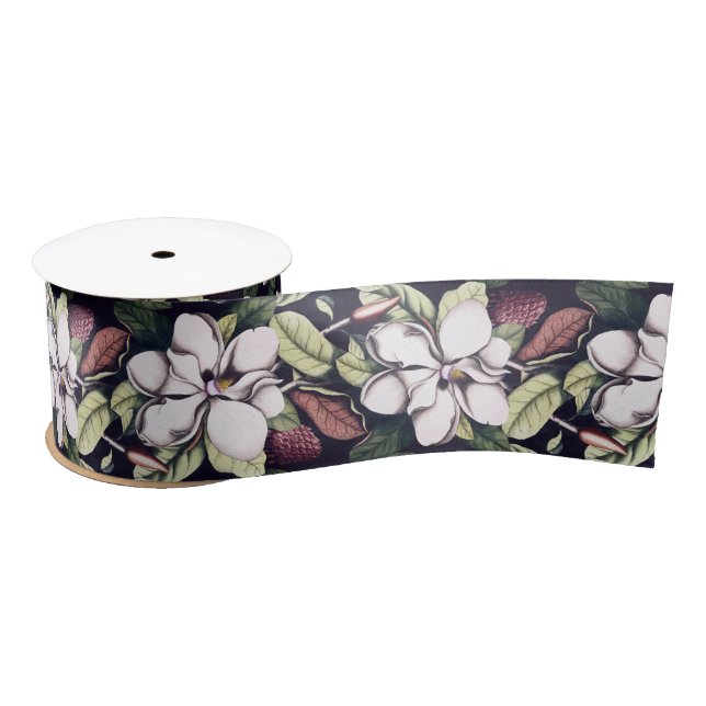 Ruban En Satin Motif de fleurs Magnolia (Bobine)
