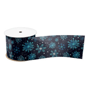 Ruban En Satin Motif de flocons de neige hivernaux bleus et argen