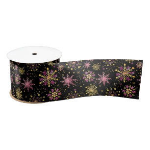 Ruban En Satin Motif de flocons de neige hivernaux dorés et noirs