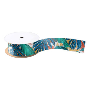 RUBAN EN SATIN MOTIF DE FOUGÈRES TROPICALES