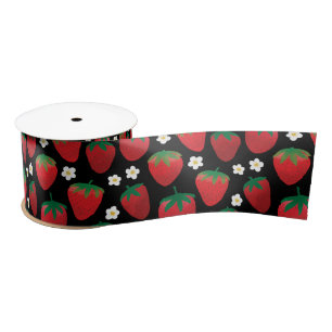 Ruban En Satin Motif de fraises sucrées sur noir