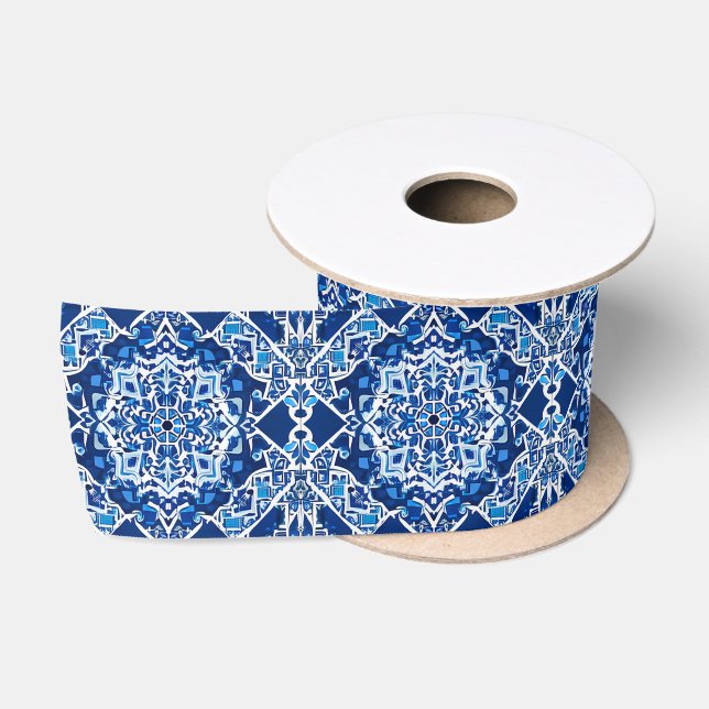 Ruban En Satin Motif de mosaïque en Indigo et Cobalt Blue (Bobine)