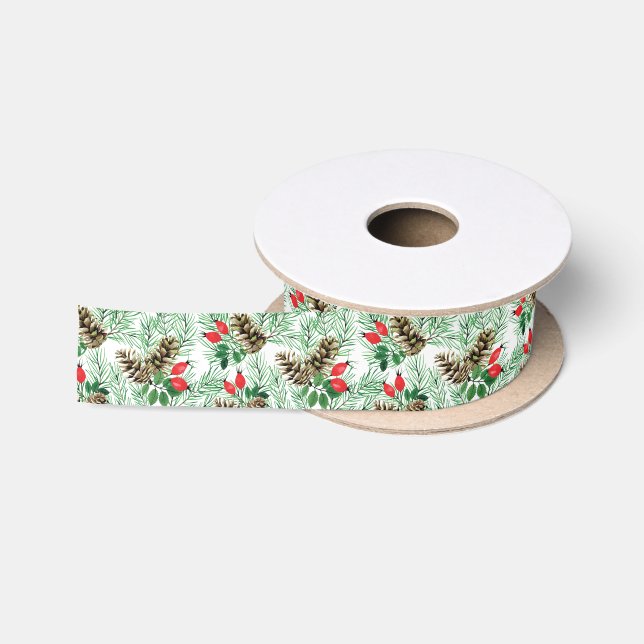 Ruban En Satin Motif de Noël avec verdures et baies rouges (Bobine)