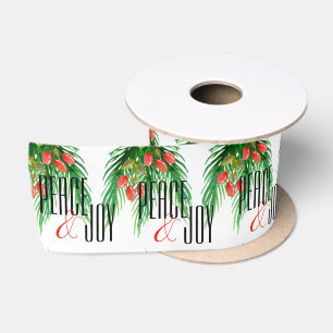 Ruban En Satin Motif de Noël Feuilles Baies Rouges Joie et Paix