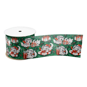 Ruban En Satin motif de Noël Vintage Vert des années 50 avec chat