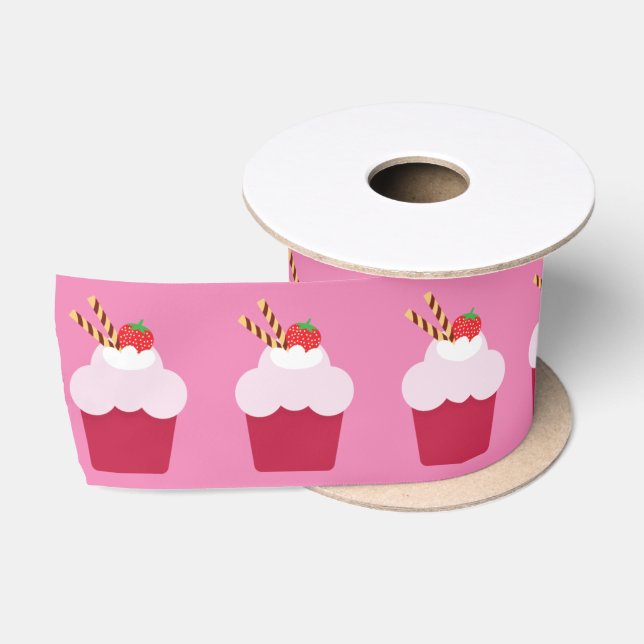 Ruban En Satin Motif de petits gâteaux aux fraises (Bobine)