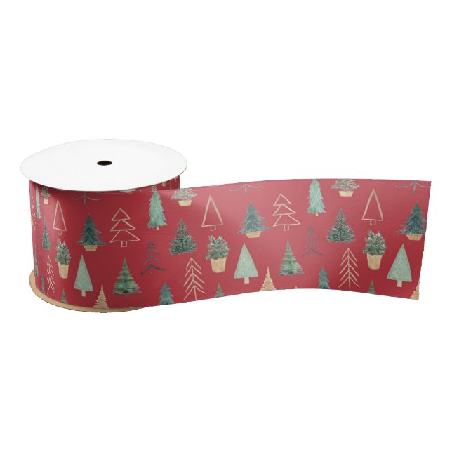 Ruban En Satin Motif de pin de Noël vert rouge (Bobine)