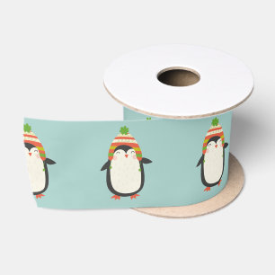 Ruban En Satin Motif de pingouins mignons - Aqua Green Christmas