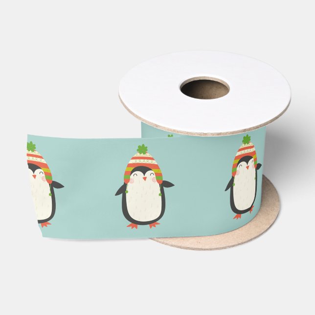 Ruban En Satin Motif de pingouins mignons - Aqua Green Christmas (Bobine)