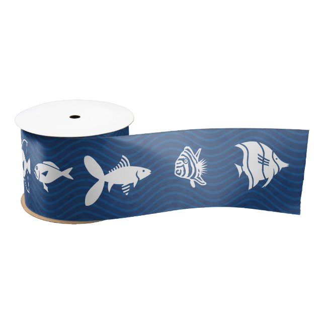 Ruban En Satin Motif de poisson Ocean Blue Waves (Bobine)