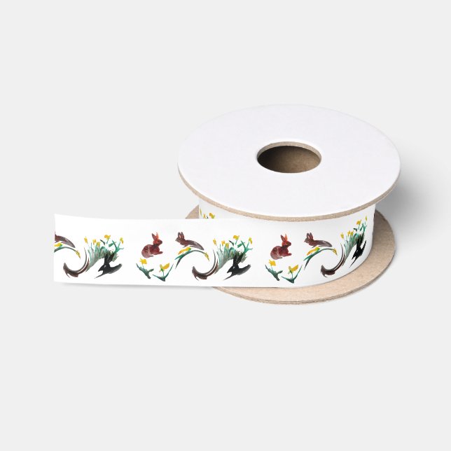 Ruban En Satin Motif de printemps des jonquilles de lapins (Bobine)