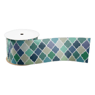 Ruban En Satin Motif de quatrefoil bleu, vert et turquoise