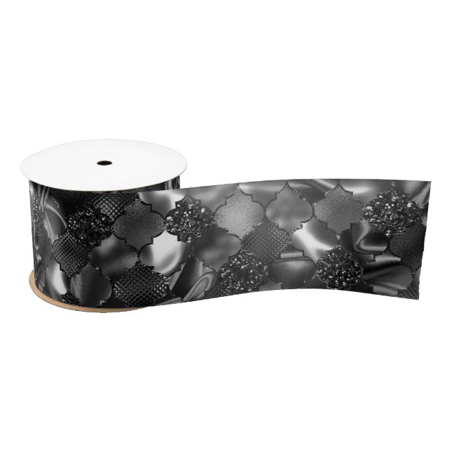 Ruban En Satin Motif de Quatrefoil Marocain Noir (Bobine)