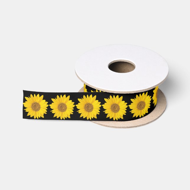 Ruban En Satin Motif de tournesol jaune et noir (Bobine)