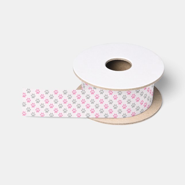 Ruban En Satin motif des pattes de chiot rose et gris (Bobine)