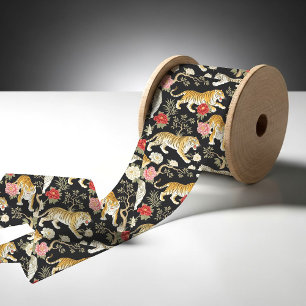 Ruban En Satin Motif élégant de chinoiserie noire avec tigre et p