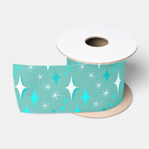 Ruban En Satin Motif étoile rétro sarcelle et blanc du milieu du