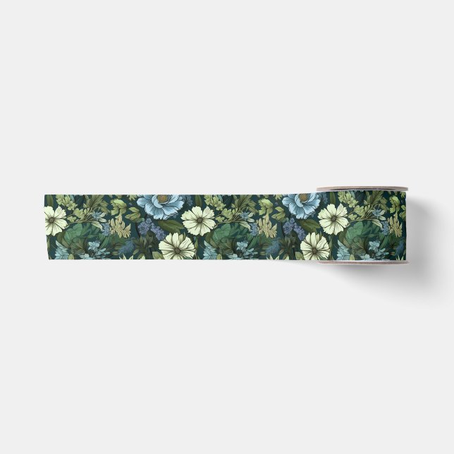 Ruban En Satin Motif Fleur sauvage victorien bleu et vert (Devant)